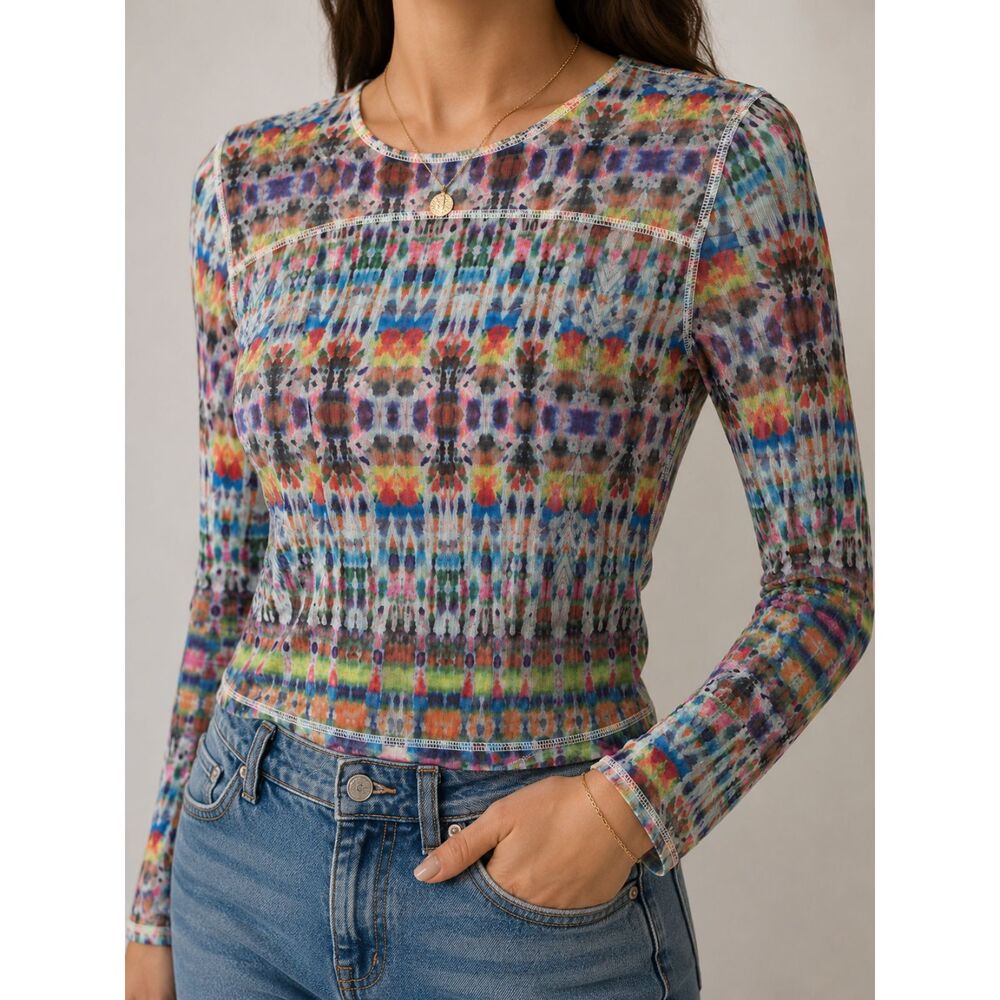 Natural Life Rainbow Mesh Long Sleeve Top Boho Y2K Festival Fairy Grunge Size L